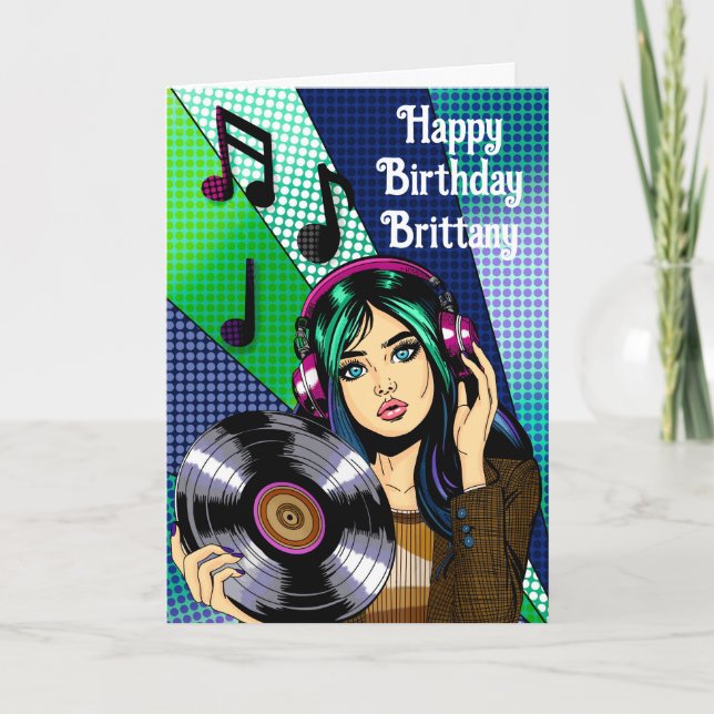 Cartão Feliz aniversário | Pop Art Girl with Record (Frente)