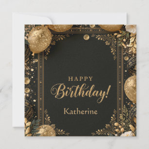 Cartão Feliz Aniversário Preto e Dourado Elegante com Nom