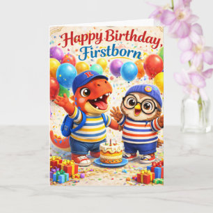 Cartão Feliz aniversário primeiro dinossauro e coruja fof