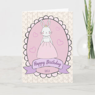 Cartão Feliz Aniversário princesa coelho rosa branco meni