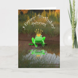 Cartão Feliz aniversário Princesa, sapo verde e coroa,