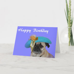 Cartão Feliz Aniversário Pug em um Chapéu