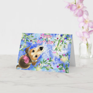 Cartão Feliz Aniversário - Puppy Com Fita Rosa -