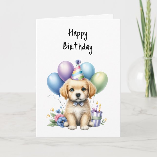 Cartão Feliz Aniversário Puppy Woof Celebrar Balões (Frente)