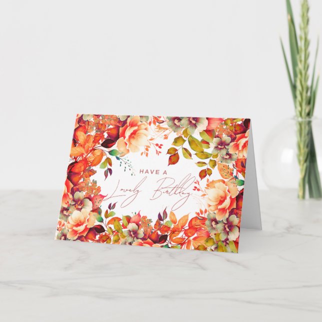 Cartão Feliz Aniversário Queda do Outono Floral (Frente)