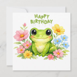 Cartão Feliz Aniversário Rã Aquarela com Flores
