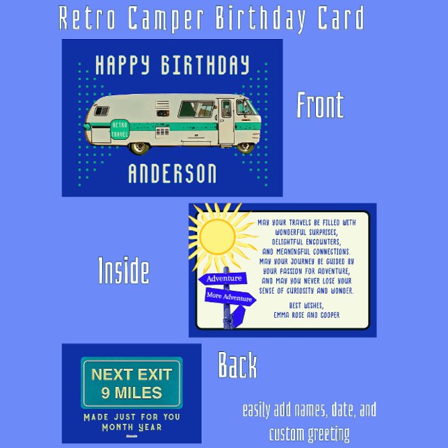 Cartão Feliz Aniversário Retro Camper RV Viagem (Fun birthday card for the travel enthusiast.)