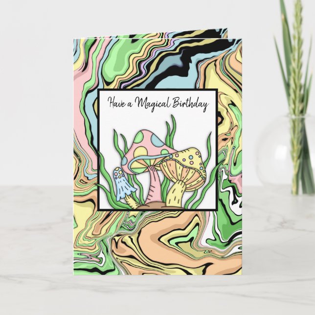 Cartão Feliz Aniversário, Retro Cogumelos e Página de Col (Frente)