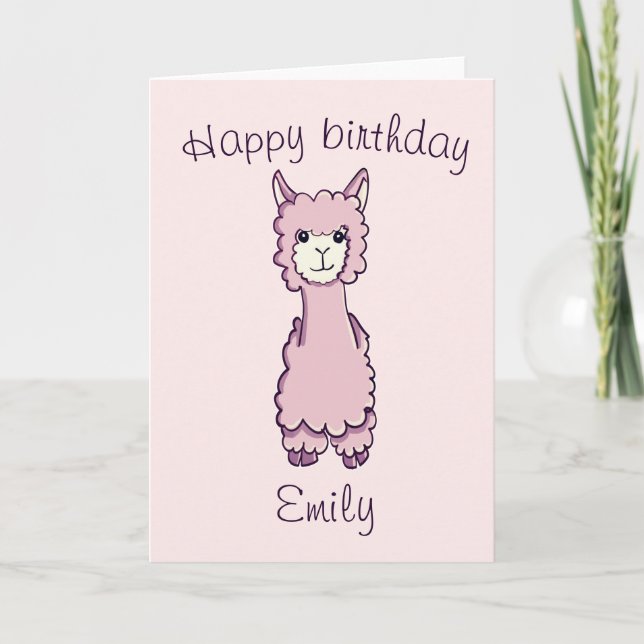 Cartão Feliz Aniversário Rosa Bonito Alpaca (Frente)