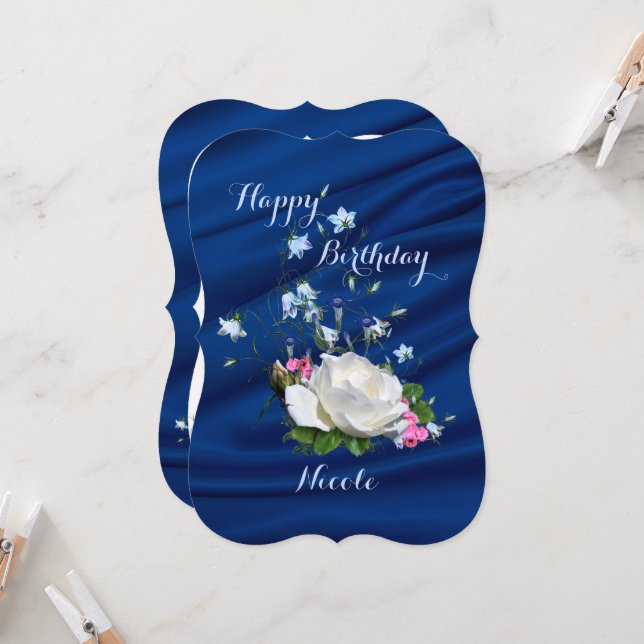 Cartão Feliz Aniversário, Rosa Branca, Nome Personalizado (Frente/Verso In Situ)