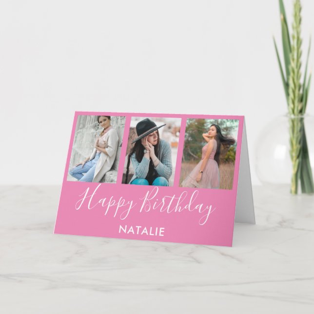 Cartão Feliz Aniversário, Rosa e Branco, Colagem de Fotos (Frente)