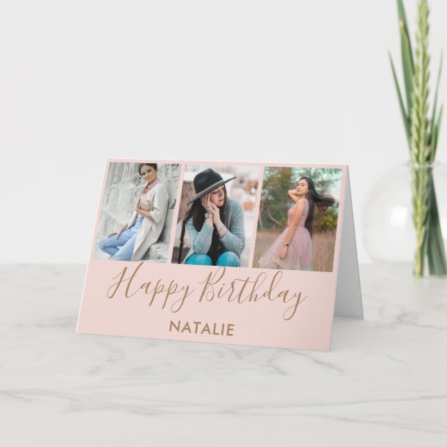 Cartão Feliz Aniversário Rosa e Dourada Colagem de Fotos  (Frente)