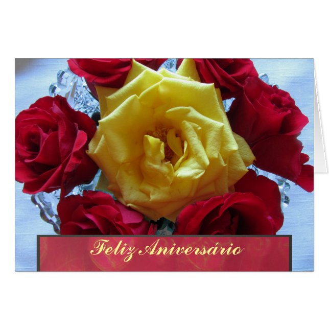 Cartão - Feliz Aniversário - Rosas Amarillas y Roj (Frente Horizontal)