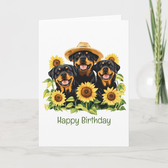 Cartão Feliz Aniversário Rottweiler Cães Girassóis (Frente)