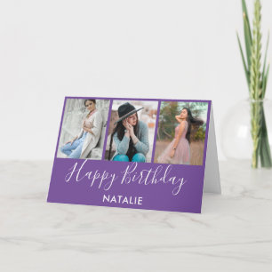 Cartão Feliz Aniversário, Roxo e Colagem de Fotos Branca