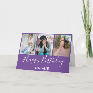 Cartão Feliz Aniversário, Roxo e Colagem de Fotos Branca 