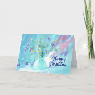 Cartão Feliz Aniversário Roxo, Flores Amarelas em Azul