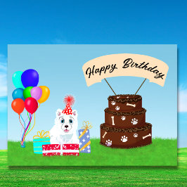 Cartão Feliz Aniversário Samoyed com Bolo