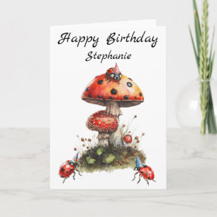 Cartão Feliz Aniversário Senhorita Besouro Cogumelo