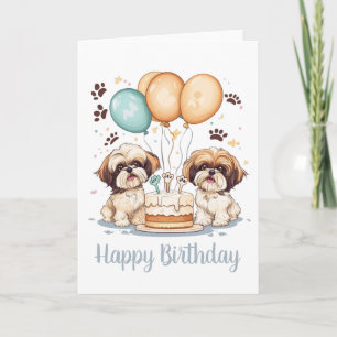 Cartão Feliz Aniversário Shih Tzu Cães Bolo de Aniversári