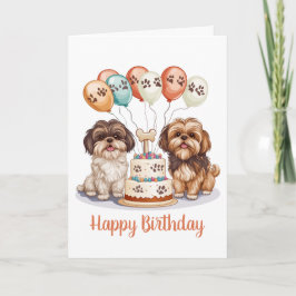 Cartão Feliz Aniversário Shih Tzu Cães Bolo de Aniversári
