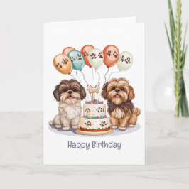 Cartão Feliz Aniversário Shih Tzu Cães Bolo de Aniversári