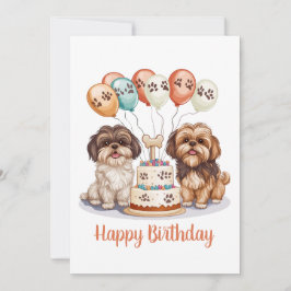 Cartão Feliz Aniversário Shih Tzu Cães Bolo de Aniversári