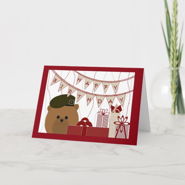 Cartão Feliz Aniversário, Soldado Beret Verde do Exército (Frente)