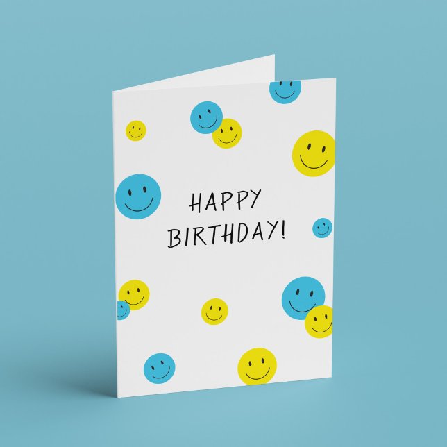 Cartão Feliz Aniversário Sorrindo Rostos Azul Amarelo (happy faces birthday card)