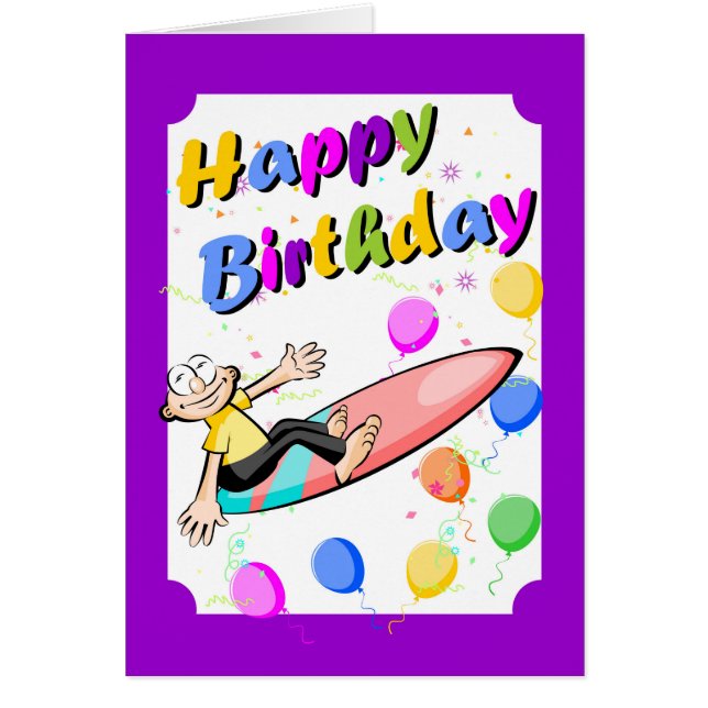 Cartão Feliz aniversario, surfista bravo (Frente)