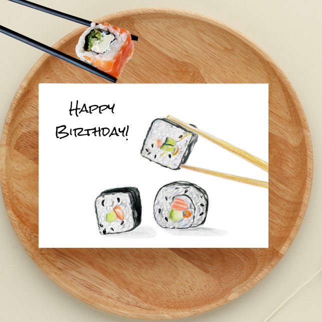 Cartão Feliz Aniversário Sushi Rolls Ilustração (Celebrate with a splash of color! Our Sushi Colored Pencil Drawing Birthday Card.)