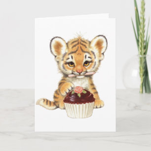 Cartão Feliz Aniversário - Tigre Bonito com Cupcake