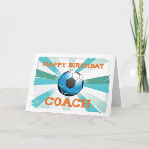 Cartão Feliz Aniversário Treinador Laranja no Teal, Azul