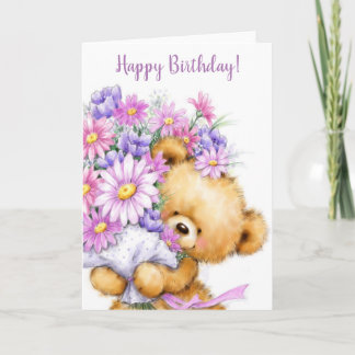Cartão Feliz aniversário, urso bonito com flores bonitas