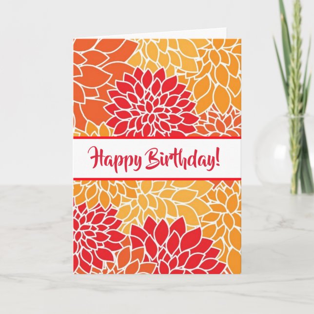 Cartão Feliz Aniversário Vermelho e Laranja Floral (Frente)