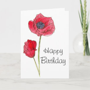 Cartão Feliz Aniversário Vermelho Papoila Flor Arte Bot