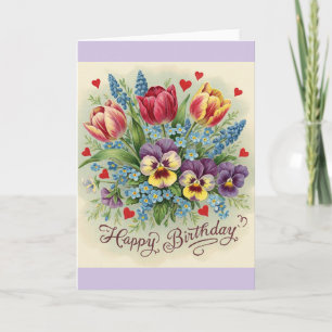 Cartão Feliz Aniversário Vintage Floral Colorido Retro