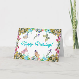 Cartão Feliz Aniversário Vintage Watercolor Flowers