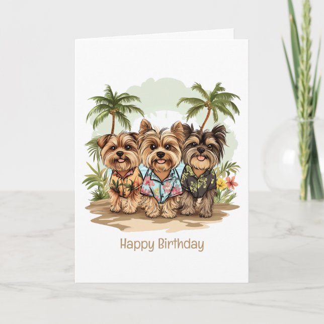 Cartão Feliz Aniversário Yorkie Cães Camisas do Havaí (Frente)