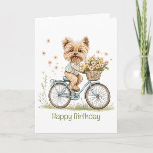 Cartão Feliz Aniversário Yorkie Cão Biking Flores da prim