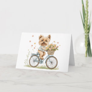 Cartão Feliz Aniversário Yorkie Cão Biking Flores da prim