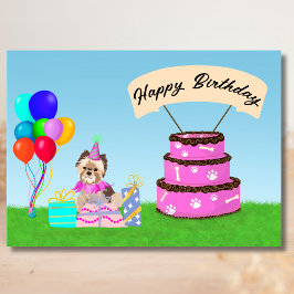 Cartão Feliz Aniversário Yorkshire Terrier com Bolo