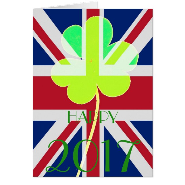 Cartão Feliz ano novo 2017 Irish Shamrock UK Flag Funny (Frente)