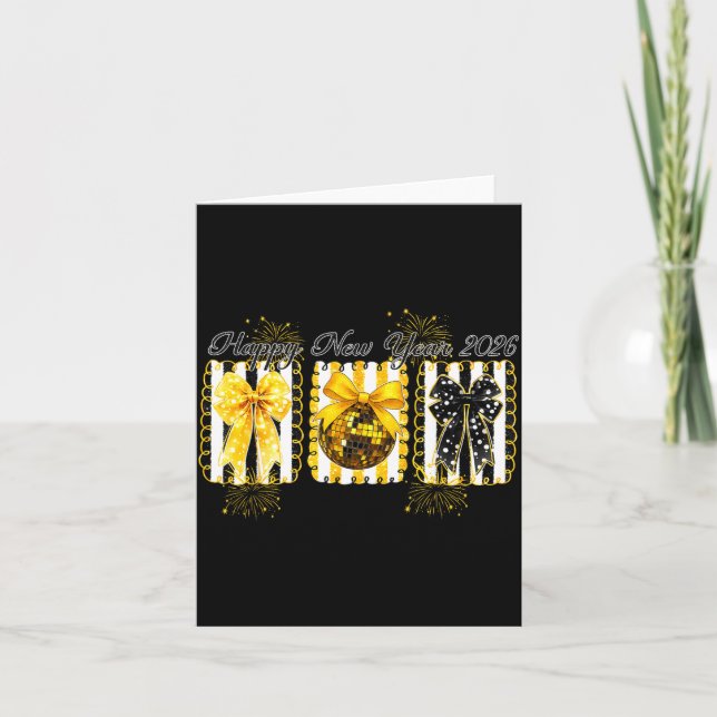 Cartão Feliz Ano Novo 2026 Bola de Discoteca Dourada Laço (Frente)