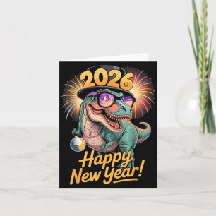 Cartão Feliz Ano Novo 2026 Camiseta Dinossauro Divertido 