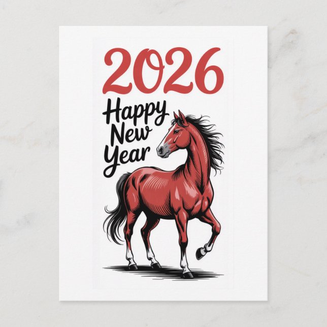 Cartão Feliz Ano Novo 2026 Ilustração Cavalo Verme (Frente)
