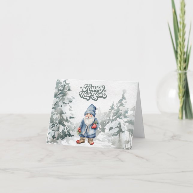 Cartão Feliz Ano Novo Água-Forte Gnome na Floresta  (Frente)