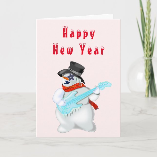 Cartão Feliz ano novo Card Snowman Guitar Player Musical (Frente)