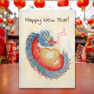 Cartão Feliz Ano Novo Chinês Dragão Chinês com Moeda