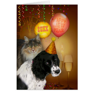 Cartão Feliz Ano Novo (editar) com Cachorro & Gato